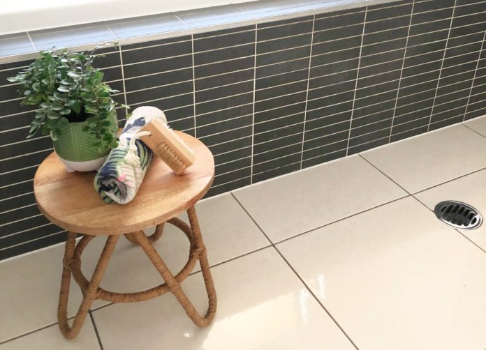 Kmart Hack bath stool styled in grey bathroom